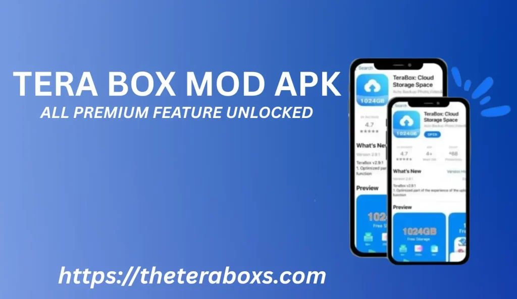 The terabox mod apk premium features with overlay text.